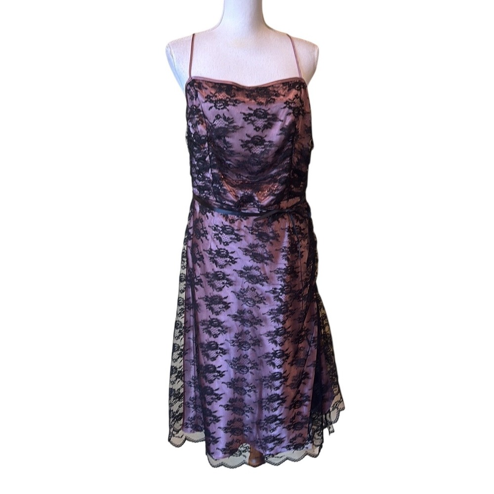 Rabbit Rabbit Rabbit Designs Mauve Satin Black Lace Overlay Cocktail Dress, 14